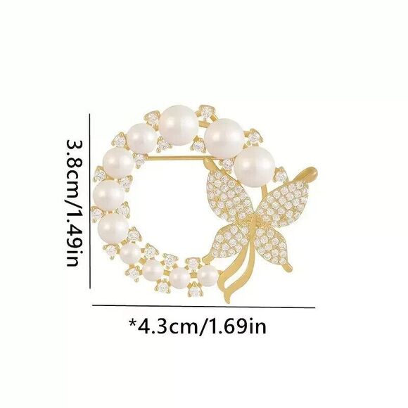 Butterfly Gold Tone Wreath Brooch Pin Fancy Sparkly Faux Pearls Elegant Gift - Picture 6 of 6